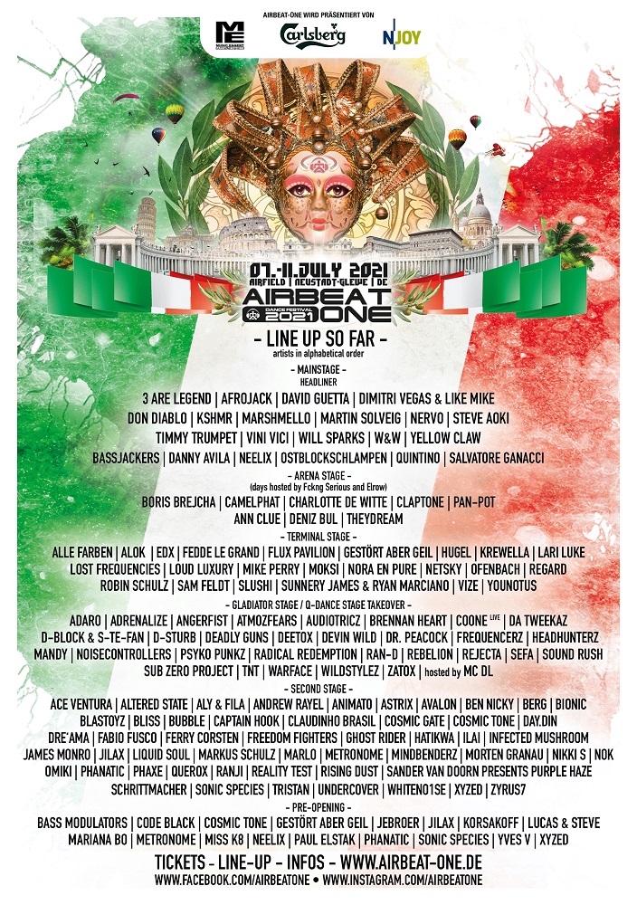 AIRBEAT ONE Festival 2021 The already confirmed line-up contains 30 DJs from the DJ Mag top 100 &#8211; Bella Italia in Neustadt-Glewe  !